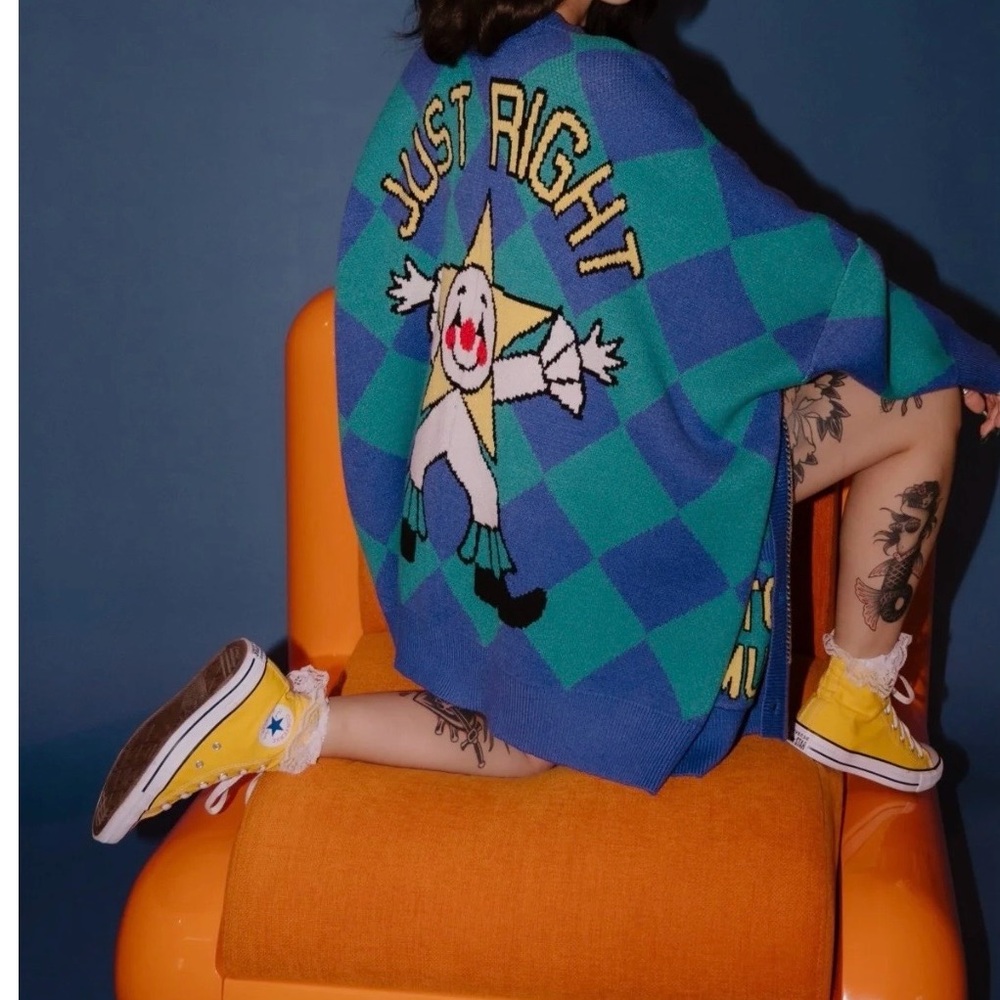 Blue and Green Checkered Cardigan with Graphic Design